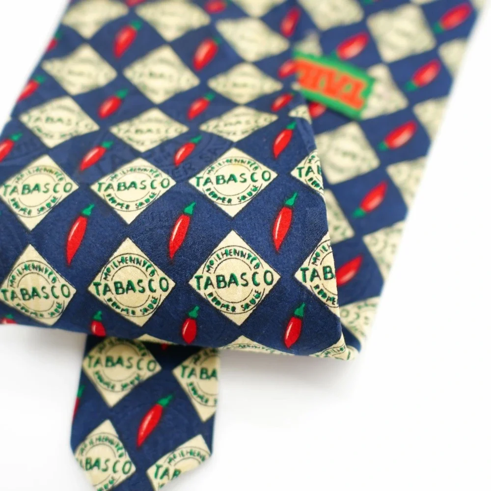 Tabasco Blue Pepper Silk Tie Wide Jacquard Print Green‎ Red